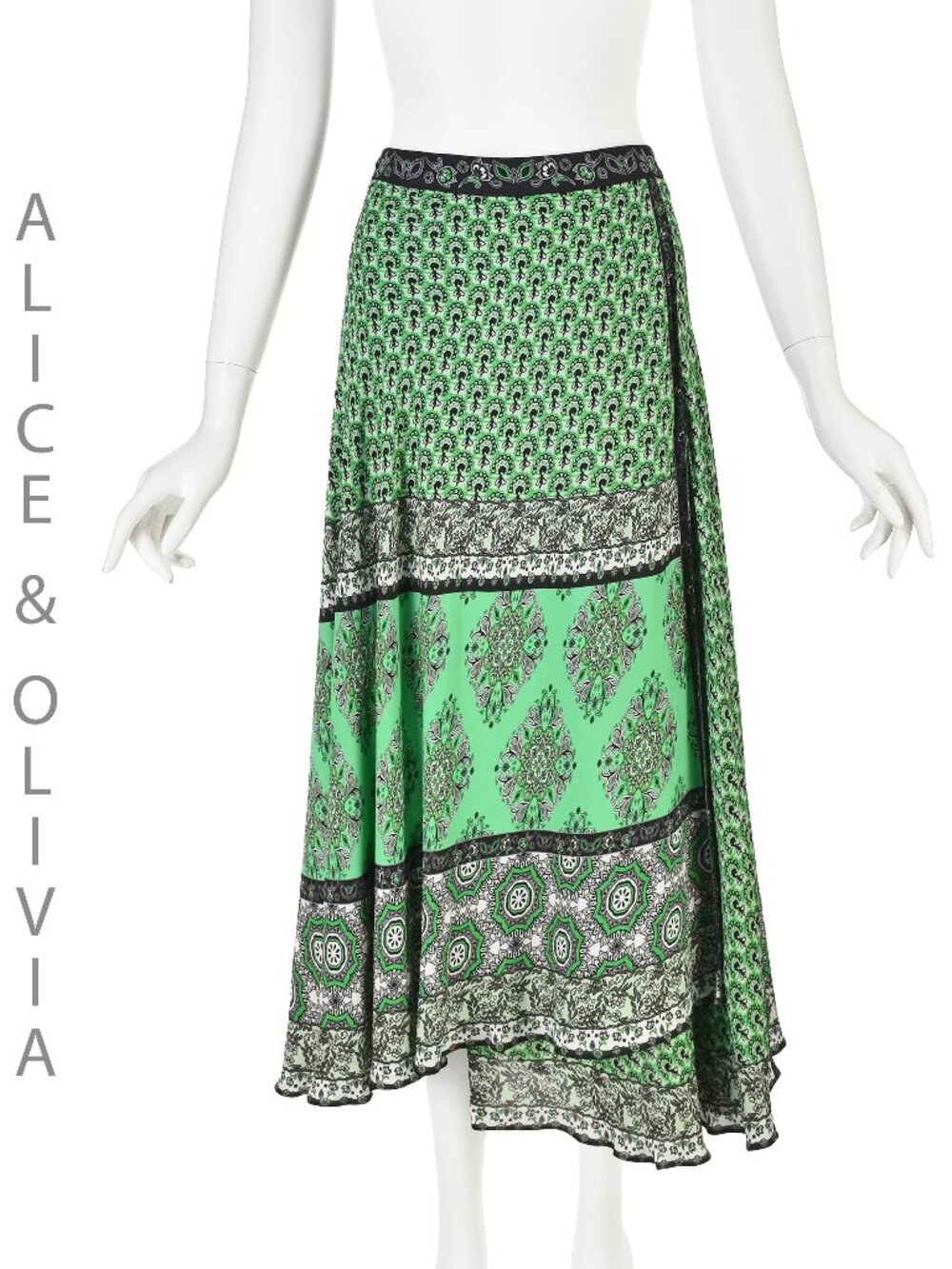 ALICE & OLIVIA Green Bandanna Print Asymmetrical Wrap Skirt, SIZE 10 NWT